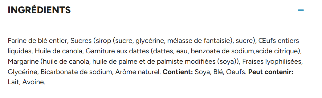 Ingrédients français de carrés dattes et fraises Delicouki