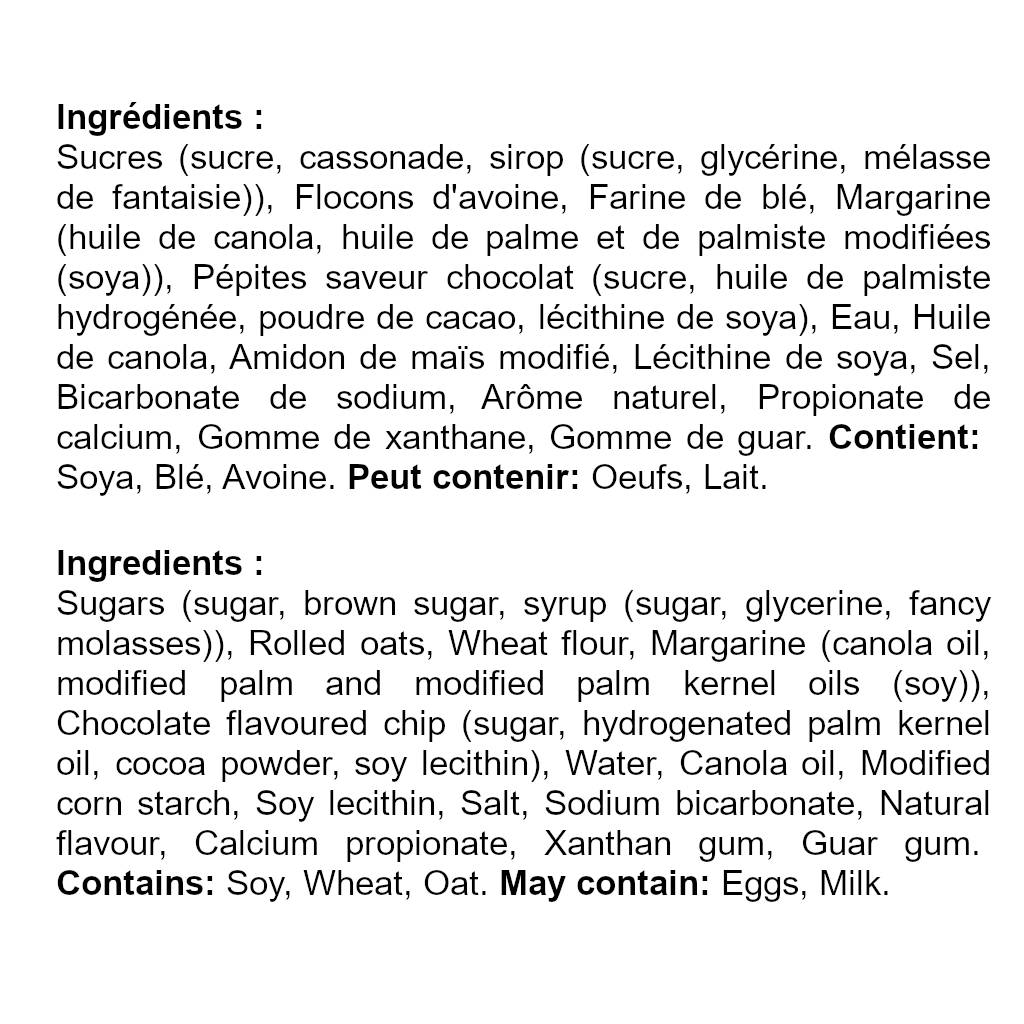 Ingrédients français biscuits avoine chocolat Delicouki
