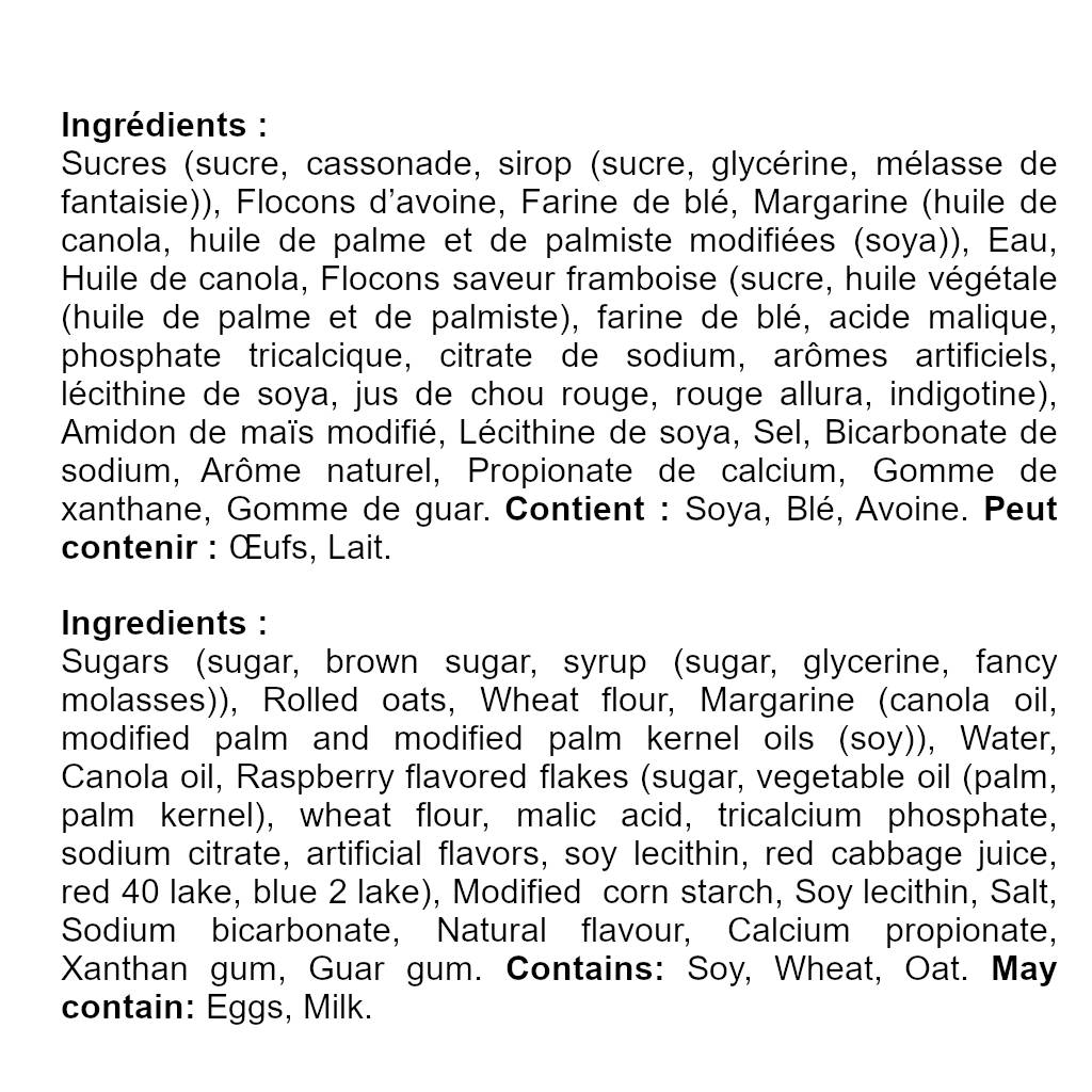 Ingrédients français et anglais biscuits avoine framboises Delicouki