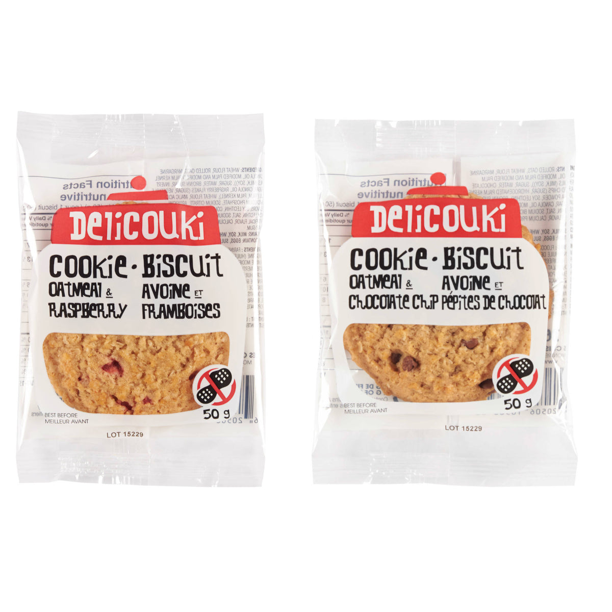 La boite Duo biscuits avoine framboises et avoine pépites de chocolat 50g x 24 sachets